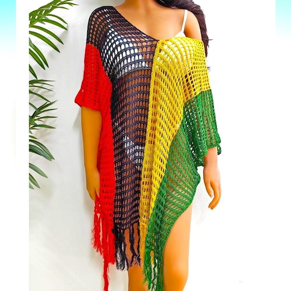 Multicolor Crochet Knit Beach Cover Poncho Tunic Top Polyester OS NWOT Cultural